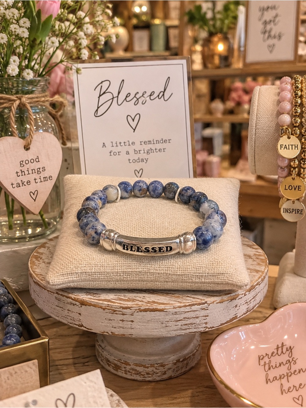 Blessed Blue Bead Stretch Bracelet NWT